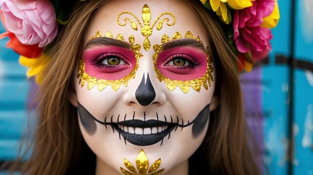 Portrait of a beautiful young woman wearing traditional catrina makeup for the Day of the Dead celebration