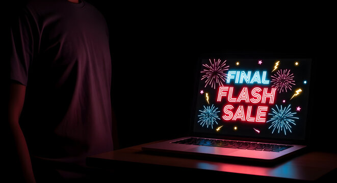 Man advertises seasonal discounts on laptop for online shopping with celebratory fireworks display - Powered by Adobe