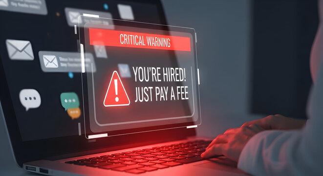 Online Scam Hands typing on laptop with fake job offer, payment request; Email icon background.