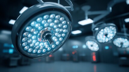 A close-up of surgical lights in an operating room, showcasing bright LED bulbs in a modern medical environment.