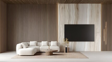 Modern living room with a light beige sectional sofa and a large television.