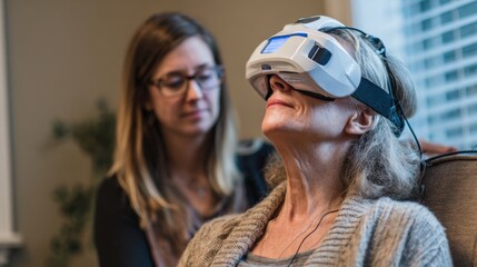 Therapists focused face watching a patient play a breathing exercise game with haptic feedback emphasizing relief techniques for chronic pain softly blurred surroundings.