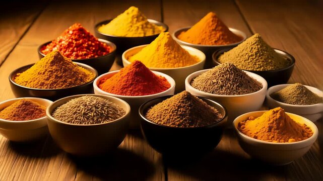 Assortment of vibrant colorful spices in small white and black bowls arranged on a rustic wooden surface with warm lighting creating a rich atmosphere.