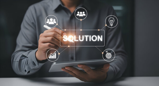 Man taps virtual solution concept on tablet at desk; blurred background for biz, ads use