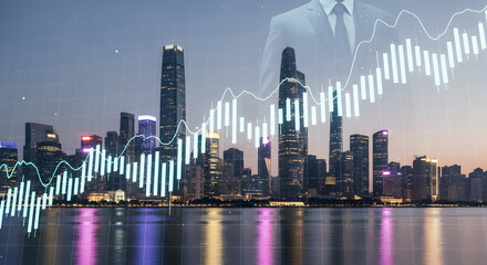 Businessman overlayed on a skyline with an upward trending chart for financial use