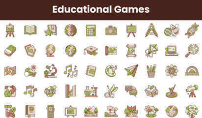 Colorful collection of educational game icons, featuring books, globes, art supplies, and musical notes, focused on engaging learning activities for all ages.