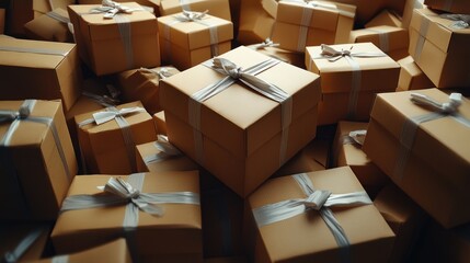 Fototapeta premium Stacked, gift-wrapped boxes in tan
