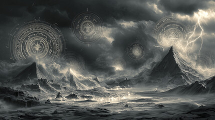 ancient deities in epic clash over surreal terrain, stormy skies, glowing symbols