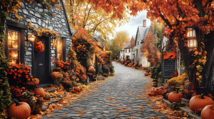 Autumn cobblestone street autumnal decor
