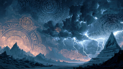 ancient deities in epic clash over surreal terrain, stormy skies, glowing symbols
