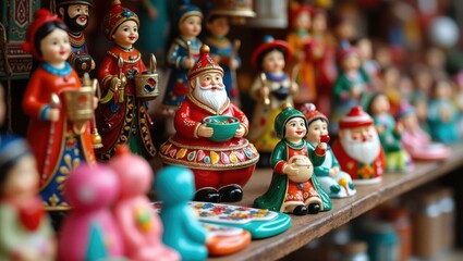 Collection of Festive Figurines and Ornaments Displayed on a Shelf