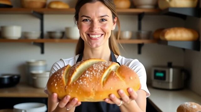 Female baker proudly presenting a freshly baked loaf of bread, smiling in her cozy bakery filled with the aroma of homemade delights