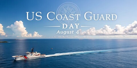 Us coast guard day august 4th celebrated with a majestic ship sailing across a vast blue ocean under a bright sky with fluffy white clouds