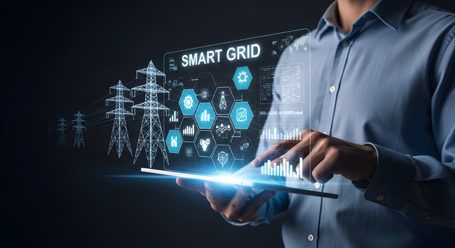 Engineer checks data on tablet. Smart grid background, power lines. For infrastructure reports