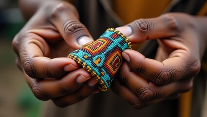 Close-up of hands holding a colorful beaded bracelet with intricate patterns and vibrant colors