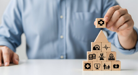 Man stacks blocks with health icons in office for insurance/planning, blurred in background