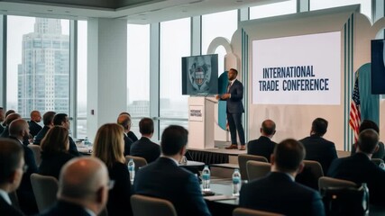 Businessman Giving Presentation at International Trade Conference in Modern City Setting