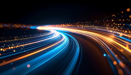 Abstract light trails curve across a dark background, suggesting speed and movement