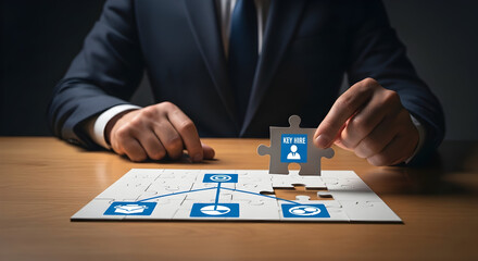 Man solves puzzle pieces connecting to a worker icon at a wooden table for a solution concept