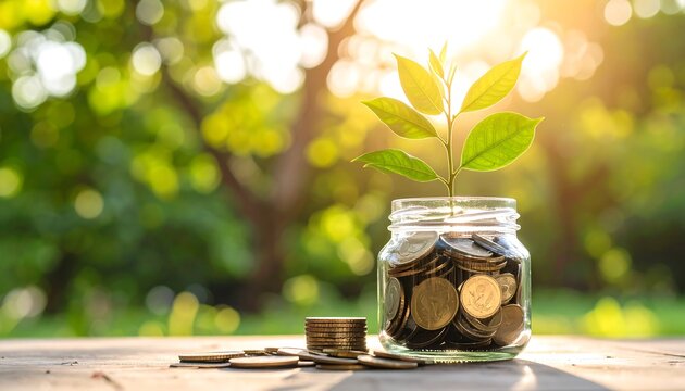 A small plant sprouts from a glass jar filled with coins, sitting on a wooden surface against a blurred natural background