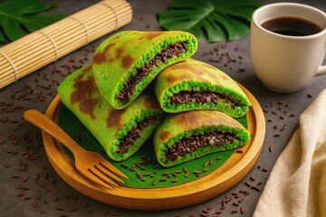 Kue terang bulan with chocolate filling placed on a wooden cutting board. Cakes from Indonesia which are usually sold at street vendors.