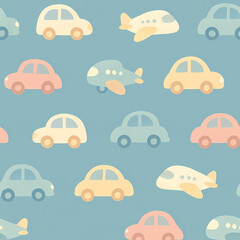 A seamless pattern of cute cartoon cars and airplanes in soft pastel colors on a blue background.