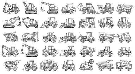 Detailed black line art collection of diverse construction vehicles, including excavators, dump trucks, bulldozers, and loaders, in a clean, doodle style.