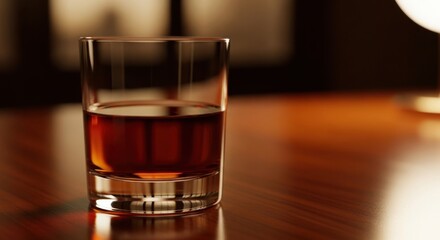 A Glass of Amber Whiskey on a Polished Wooden Table with Soft Lighting