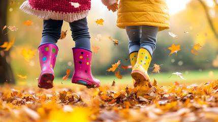 Children jumping in autumn leaves