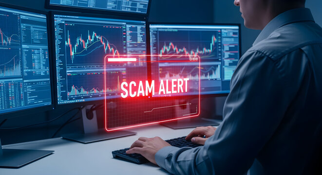 Analyst types facing screen showing scam alert in trading office. Fraud prevention concept