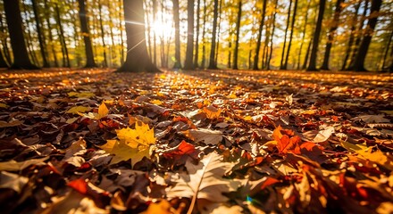 A forest floor covered in vibrant red and orange autumn leaves at sunset.