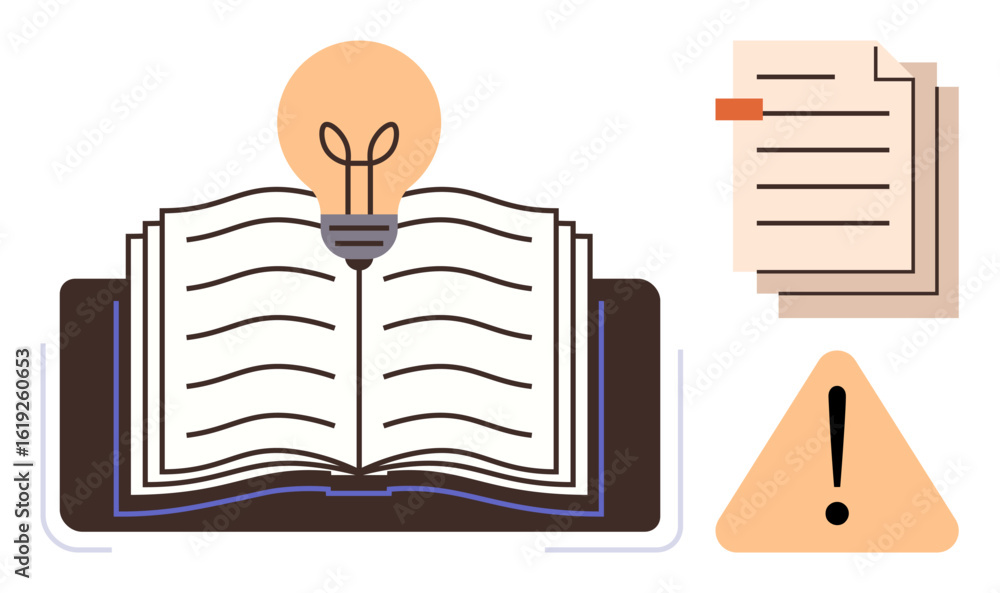 Poster open book with glowing lightbulb symbolizing learning and ideas, stack of papers, and warning triang