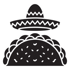 Stylized silhouette of a mexican sombrero hat resting above a festive taco illustration
