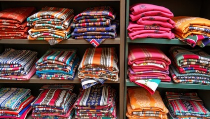Colorful Folded Textiles Displayed on Shelves
