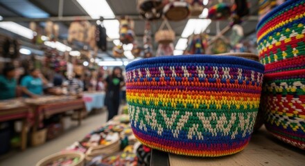 Vibrant Handcrafted Woven Baskets Displayed at a Lively Outdoor Market