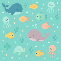 A whimsical cartoon illustration featuring various sea creatures including whales, jellyfish, fish, and a turtle on a light blue background with white bubbles and seaweed.