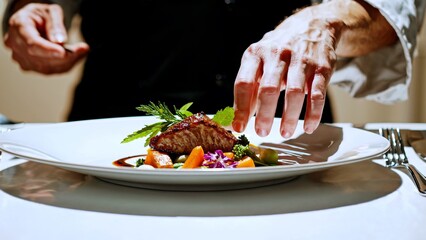 Professional chef carefully placing garnish on a plate of roasted meat and vegetables, adding a final touch to a gourmet culinary creation in a restaurant kitchen