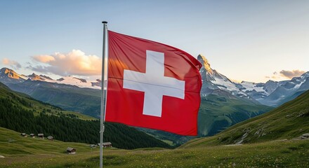 Swiss Flag Waves Proudly Against Majestic Alpine Peaks at Sunset