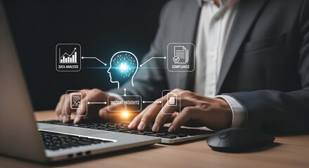 Data-driven business man types on computer. Compliance, insight, & analytics in background