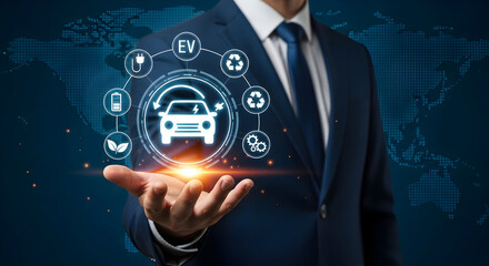 Man presenting EV future w/ map. Eco tech in palm. Can be used for green business projects