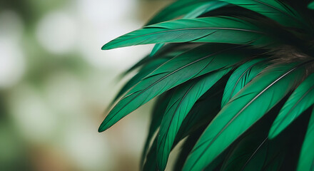 Lush emerald green bird feathers captured in a detailed macro photograph against a soft, blurred natural background.