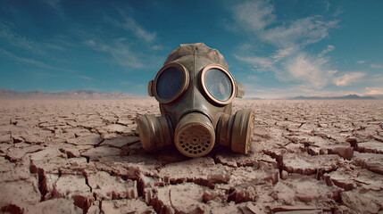 An old, rusty gas mask placed on cracked, dry earth under a wide, dramatic sky.
