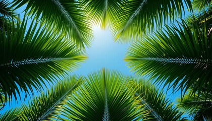 Palm fronds converge against a vibrant blue sky, evoking a sense of tropical tranquility, serenity
