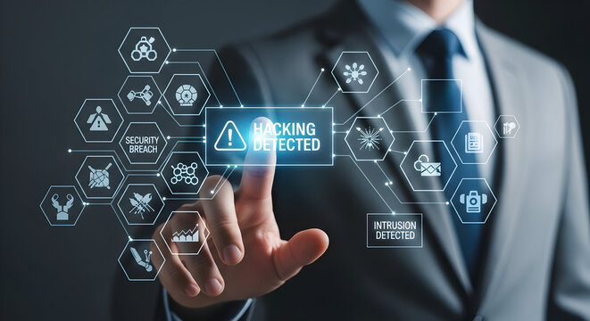 Man detects hacking on virtual screen with icons. Security breach warning. Cyber threat use