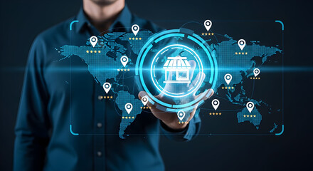 Person pointing to store icon on global map symbolizing business expansion with stars
