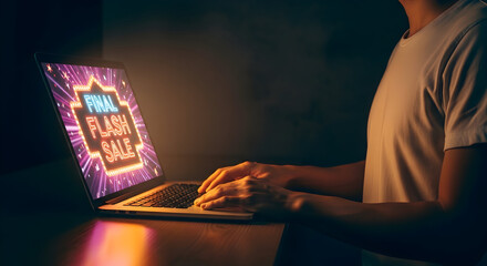 Person types on laptop with online flash sale ad against a dark background for ecommerce use