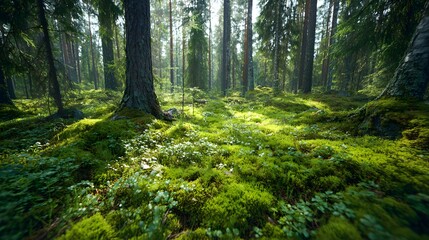 Obraz premium Lush forest floor covered in moss and greenery.