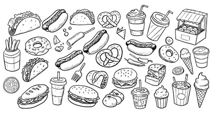Doodle style illustration of various fast food and dessert icons: hot dogs, tacos, burgers, donuts, pretzels, french fries, ice cream, drinks, and more, on white background.