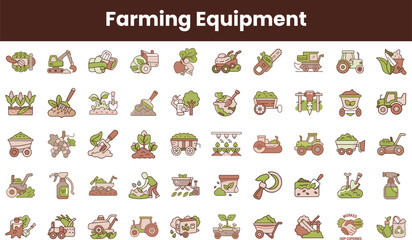 A colorful collection of farming equipment icons showcasing various tools, vehicles, and crops in a playful, flat design style.
