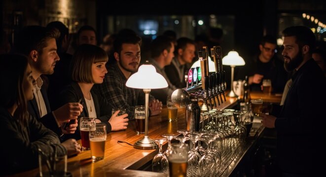 Friends enjoying drinks at a lively bar with a bartender serving customers at the counter